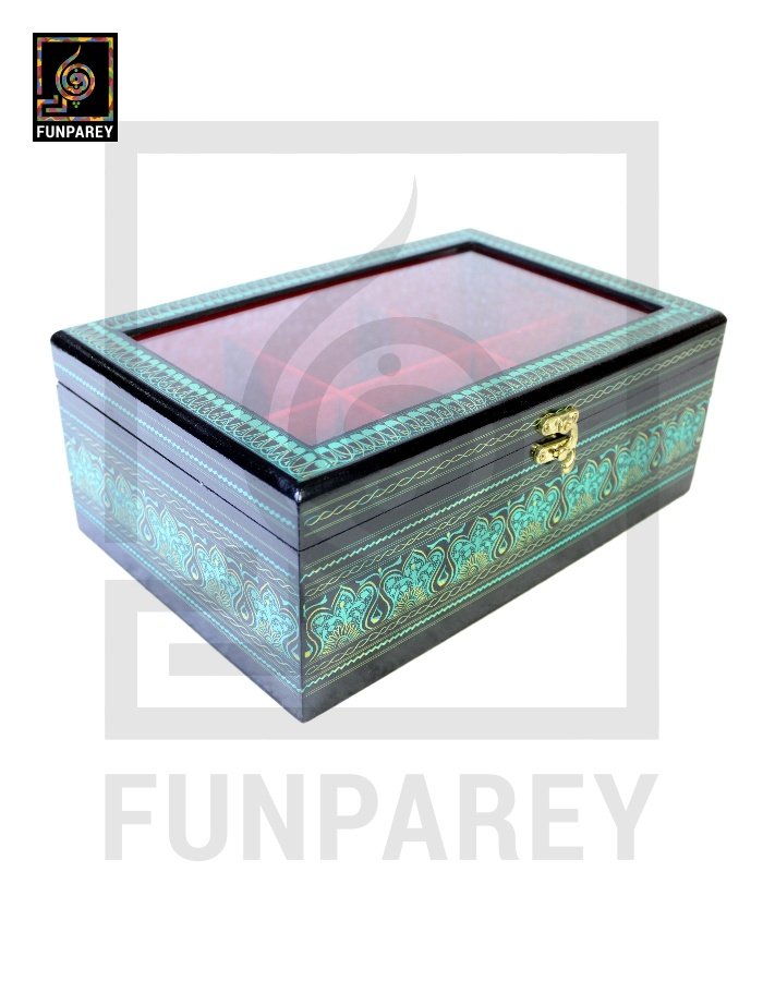 Wooden Jewelry Box with Partitions & Window 8/12 with Lacquer Art
