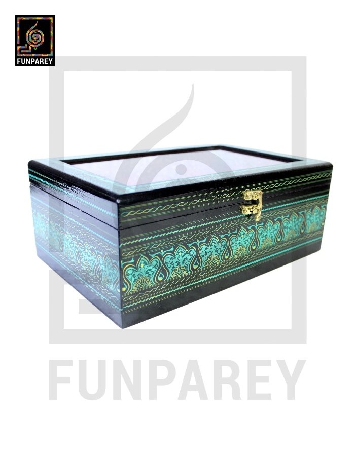 Wooden Jewelry Box with Partitions & Window 8/12 with Lacquer Art