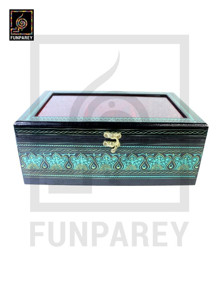 Wooden Jewelry Box with Partitions & Window 8/12 with Lacquer Art