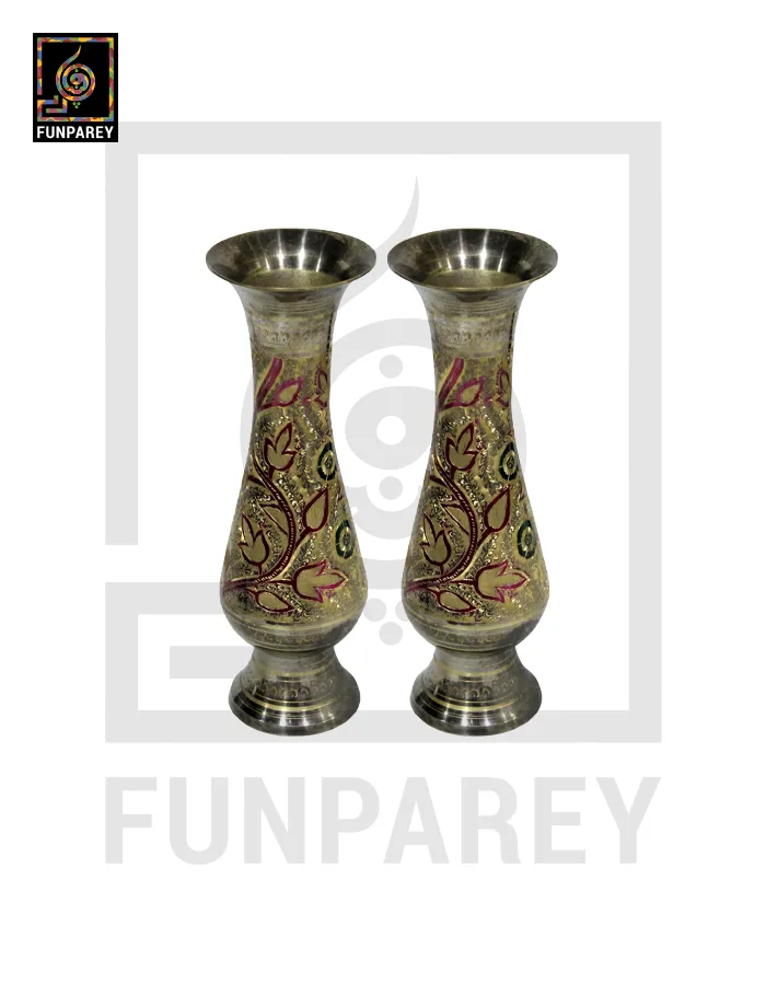 Handmade 10" Brass Vase Pair 'Jazzed Motif'