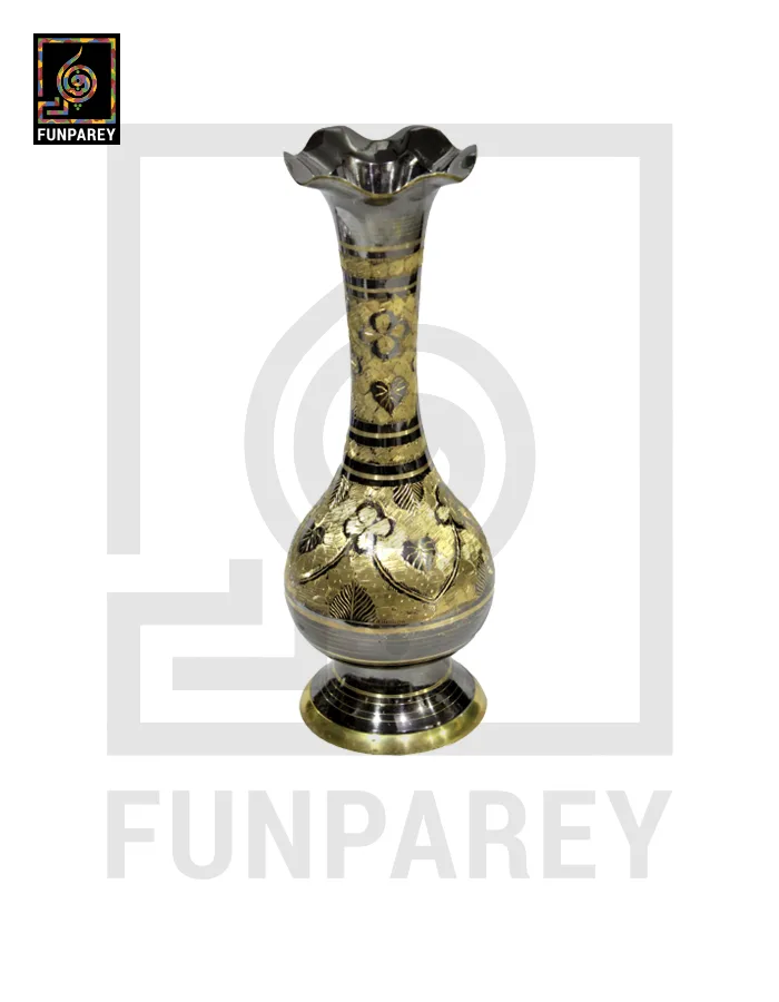 Handmade 14" Sleek Throat Brass Vase Pair 'Etched Blossom'