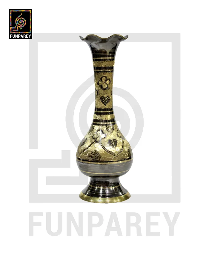 Handmade 14" Sleek Throat Brass Vase Pair 'Etched Blossom'