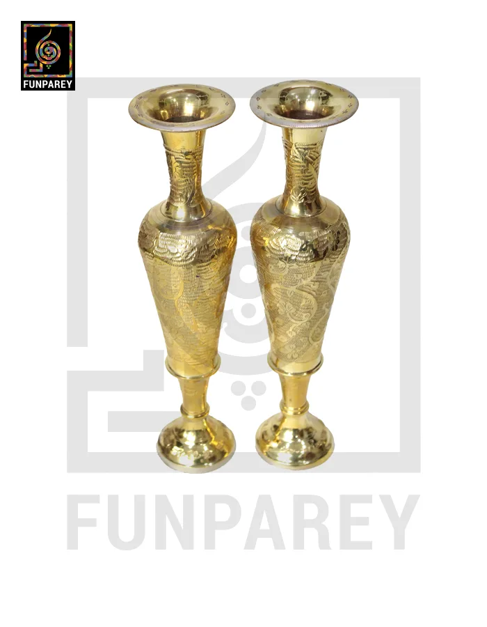 Handmade 14" Antique Brass Vase Pair 'Sleek Motif'