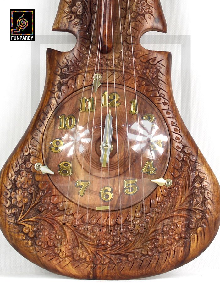 Wooden Hand Carved Guitar Wall Clock