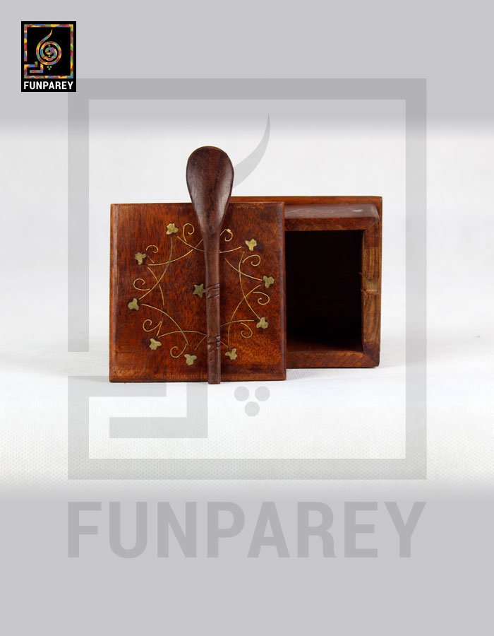 Wooden Sugar Pot with Brass Work