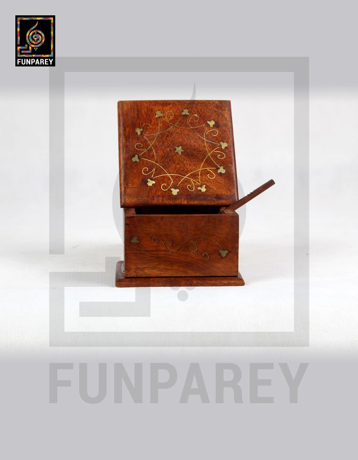 Wooden Sugar Pot with Brass Work
