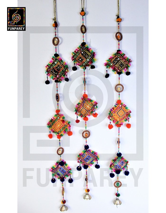 Handmade Antique Embroidered Square Door Chime (Set of 3)