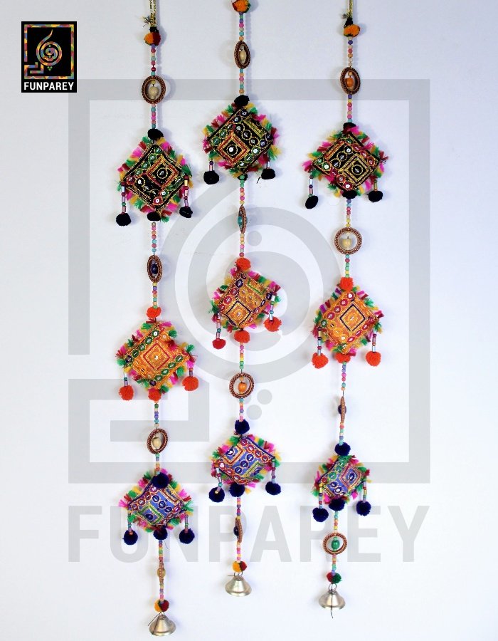 Handmade Antique Embroidered Square Door Chime (Set of 3)