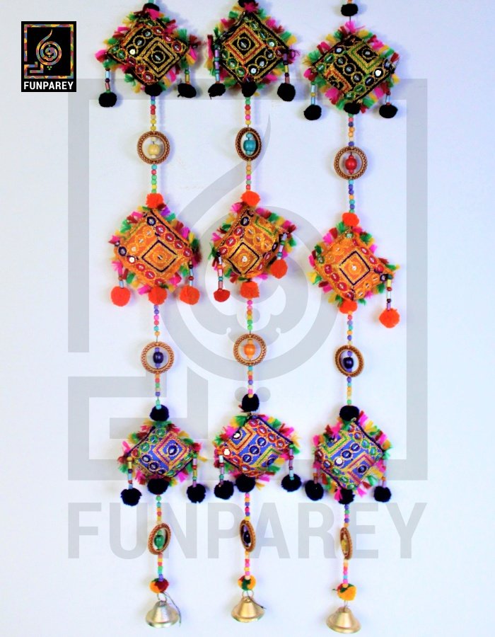 Handmade Antique Embroidered Square Door Chime (Set of 3)