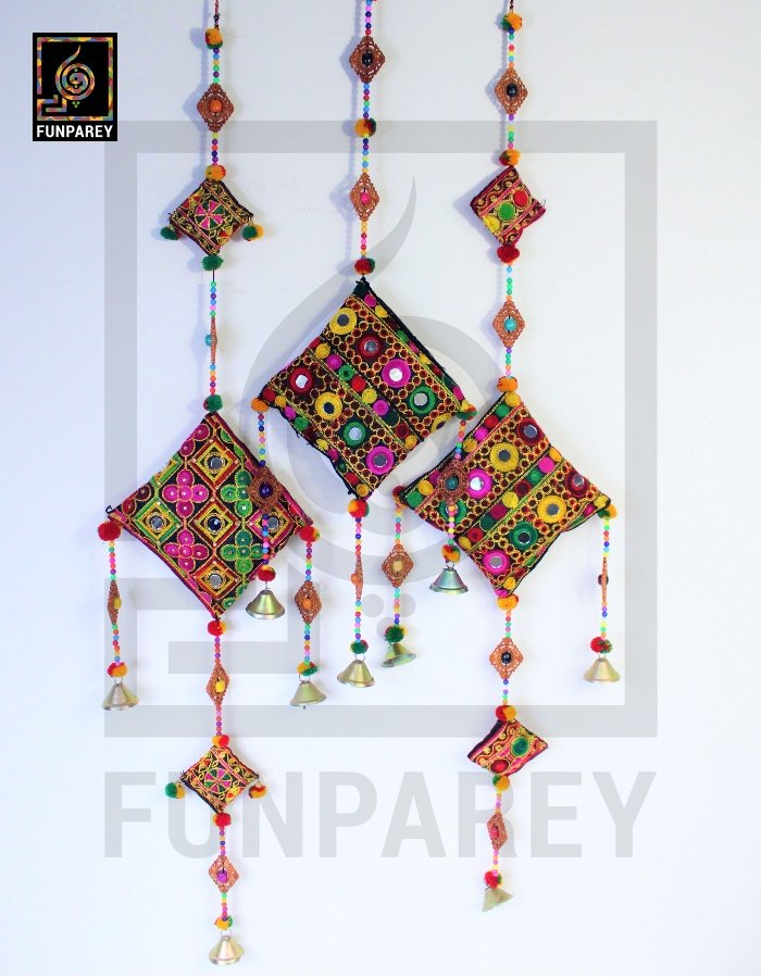 Handmade Antique Embroidered Cushion Door Chime Set (2 Large and 1 Small)