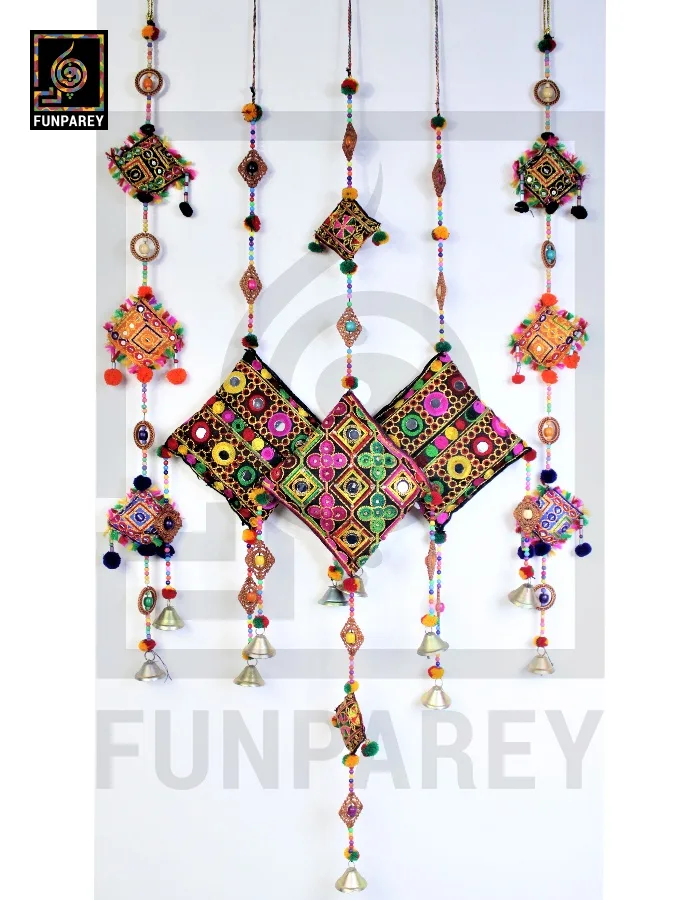 Handmade Antique Embroidered Cushion Door Chime (Set of 5) (1 Large, 2 Small and 2 Square Chimes)