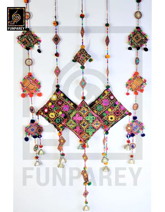 Handmade Antique Embroidered Cushion Door Chime (Set of 5) (1 Large, 2 Small and 2 Square Chimes)