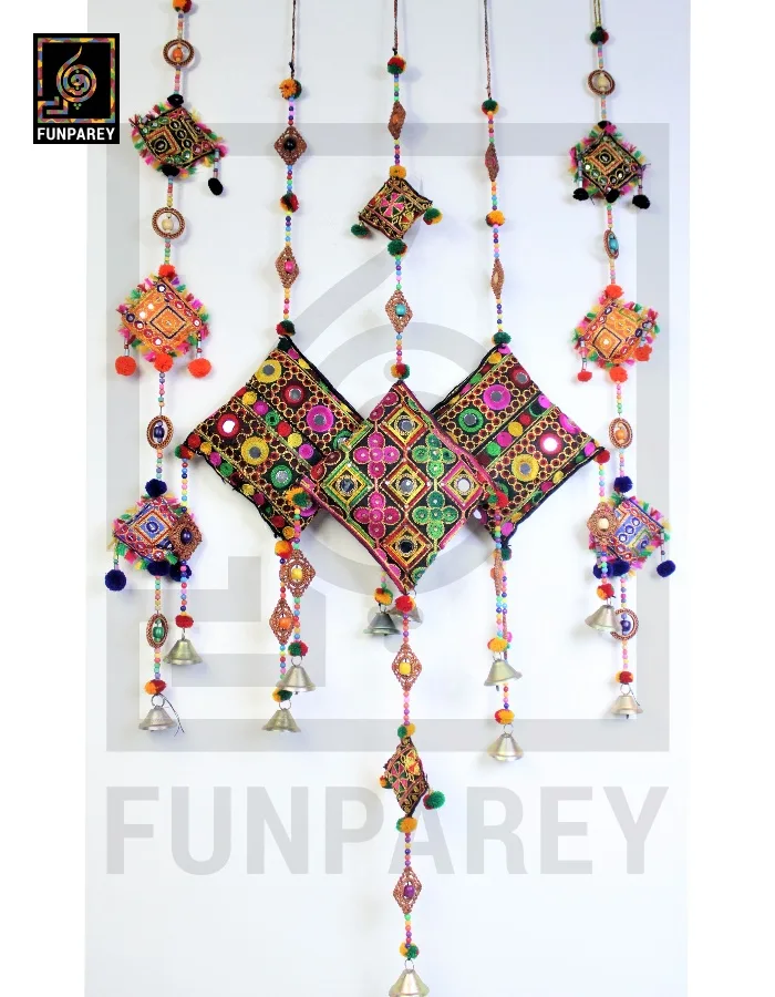 Handmade Antique Embroidered Cushion Door Chime (Set of 5) (1 Large, 2 Small and 2 Square Chimes)