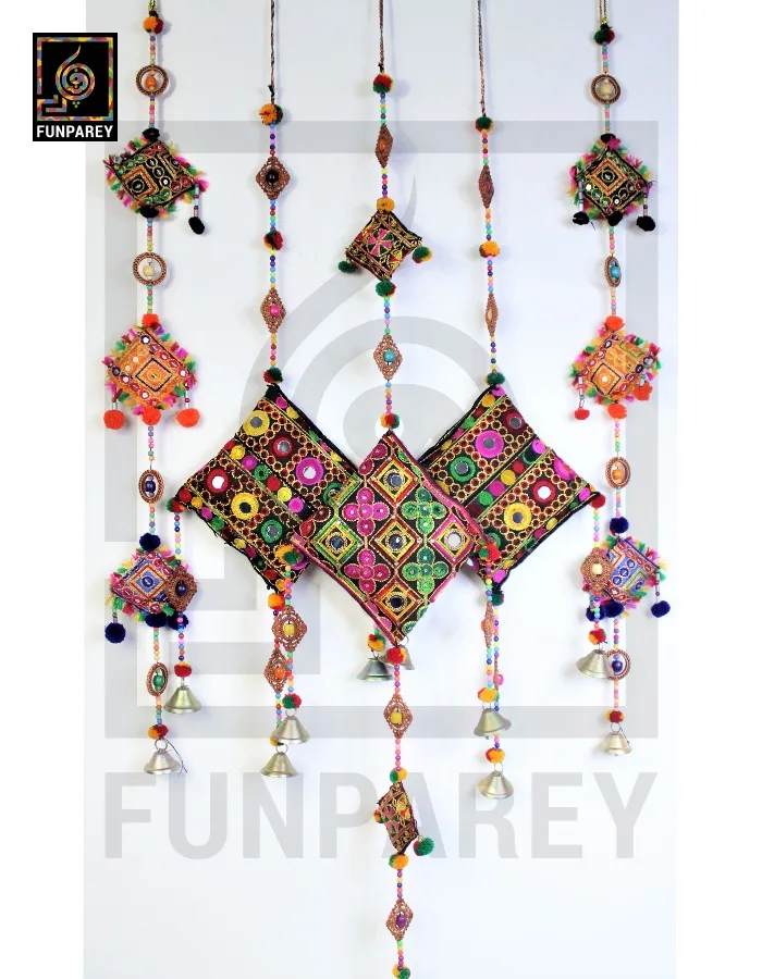 Handmade Antique Embroidered Cushion Door Chime (Set of 5) (1 Large, 2 Small and 2 Square Chimes)