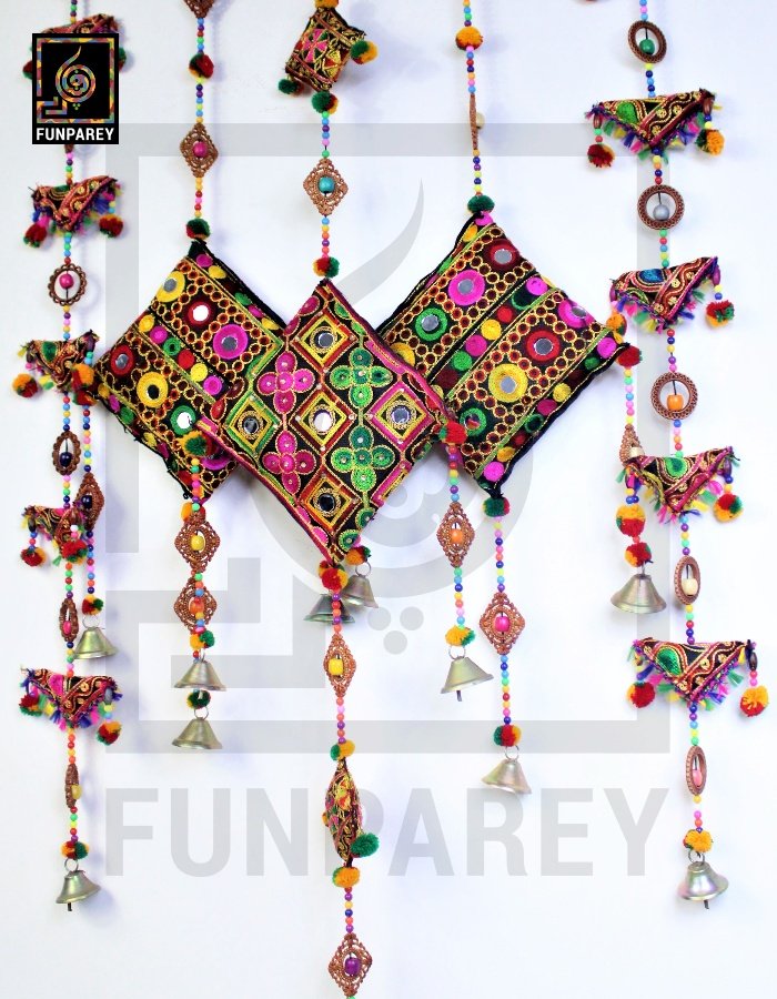 Handmade Antique Embroidered Cushion Door Chime (Set of 5) (1 Large, 2 Small and 2 Triangle Chimes)