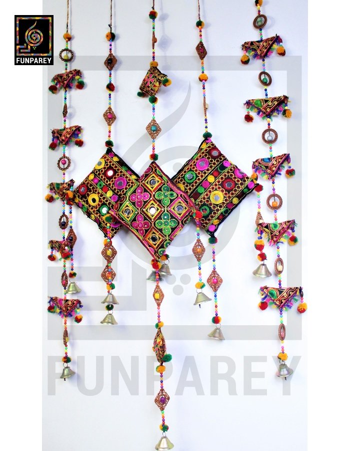 Handmade Antique Embroidered Cushion Door Chime (Set of 5) (1 Large, 2 Small and 2 Triangle Chimes)