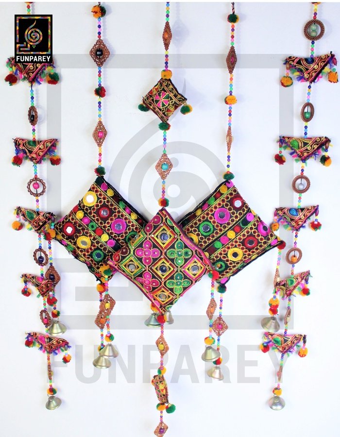 Handmade Antique Embroidered Cushion Door Chime (Set of 5) (1 Large, 2 Small and 2 Triangle Chimes)