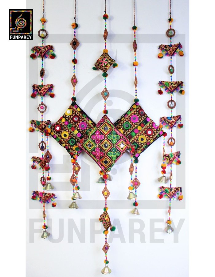 Handmade Antique Embroidered Cushion Door Chime (Set of 5) (1 Large, 2 Small and 2 Triangle Chimes)