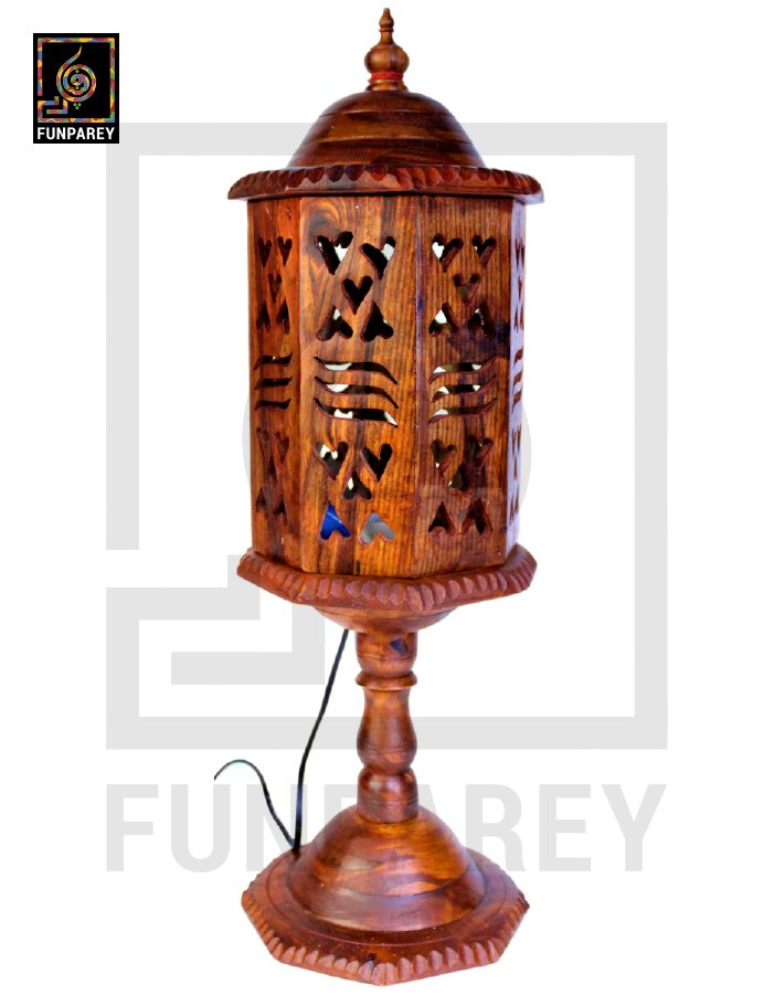 Hand Carved Wooden Cutwork Lamp Octagon Large With Stand