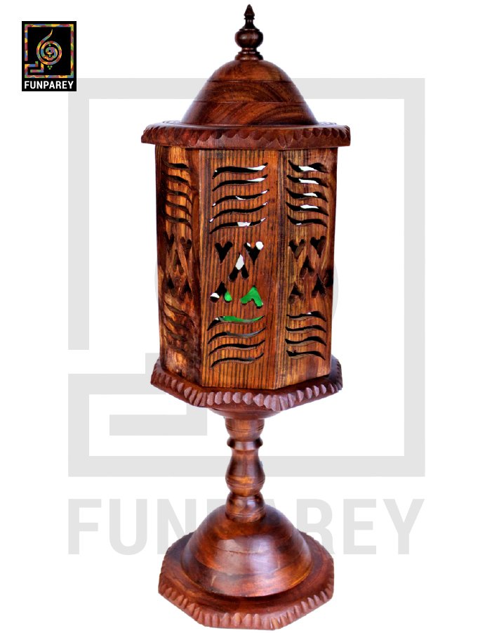Hand Carved Wooden Cutwork Lamp Octagon Large With Stand