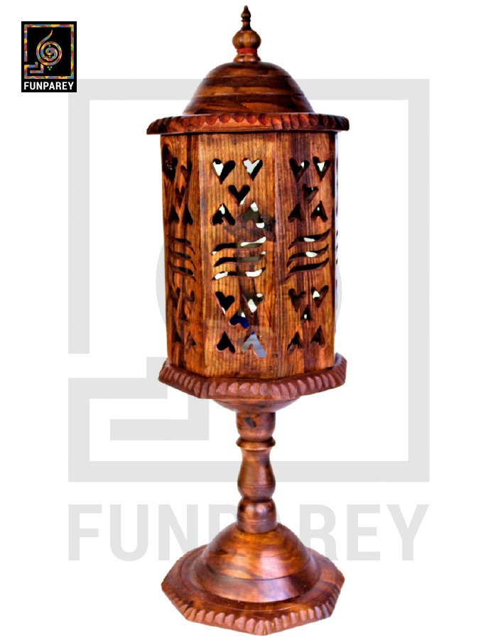 Hand Carved Wooden Cutwork Lamp Octagon Large With Stand