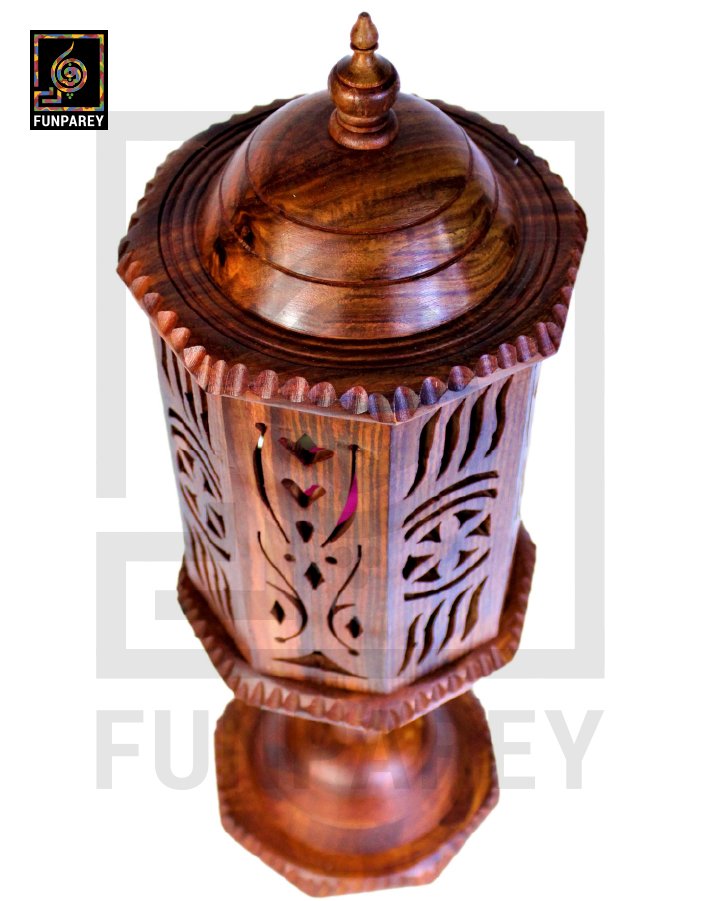 Hand Carved Wooden Cutwork Lamp Octagon Large With Stand