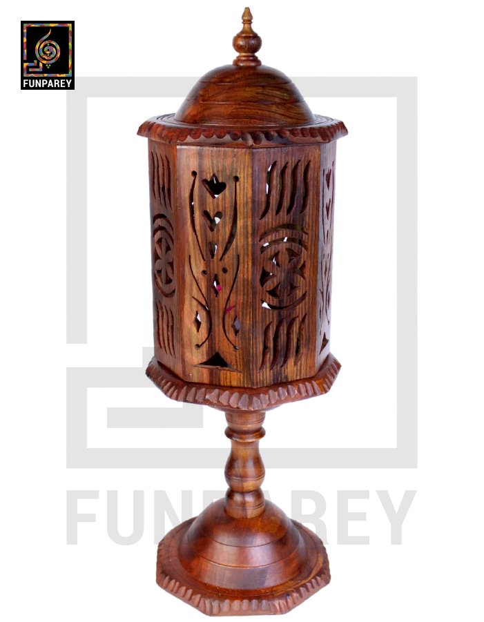 Hand Carved Wooden Cutwork Lamp Octagon Large With Stand