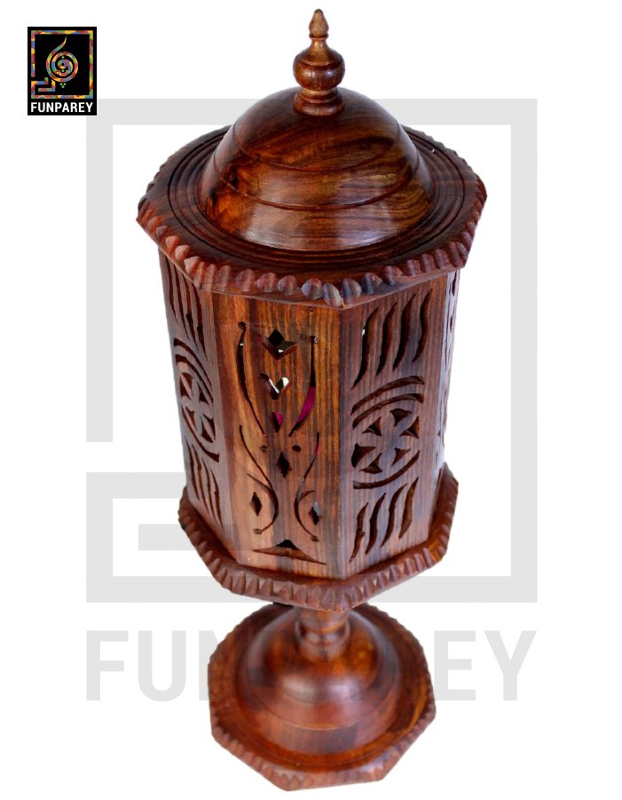 Hand Carved Wooden Cutwork Lamp Octagon Large With Stand
