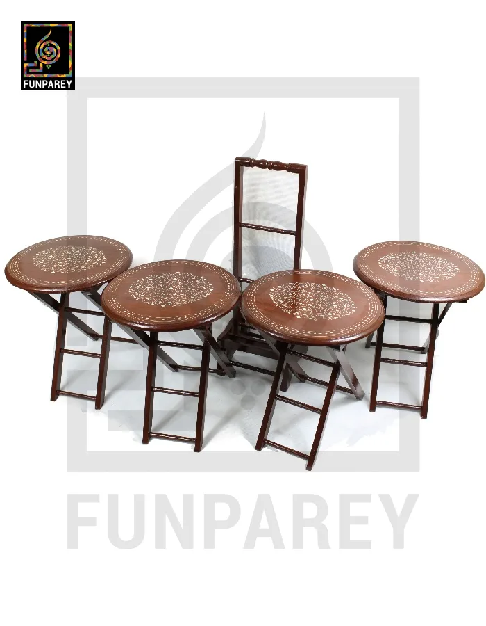 Handmade Wooden Picnic Table Set Round with Fiber Inlay