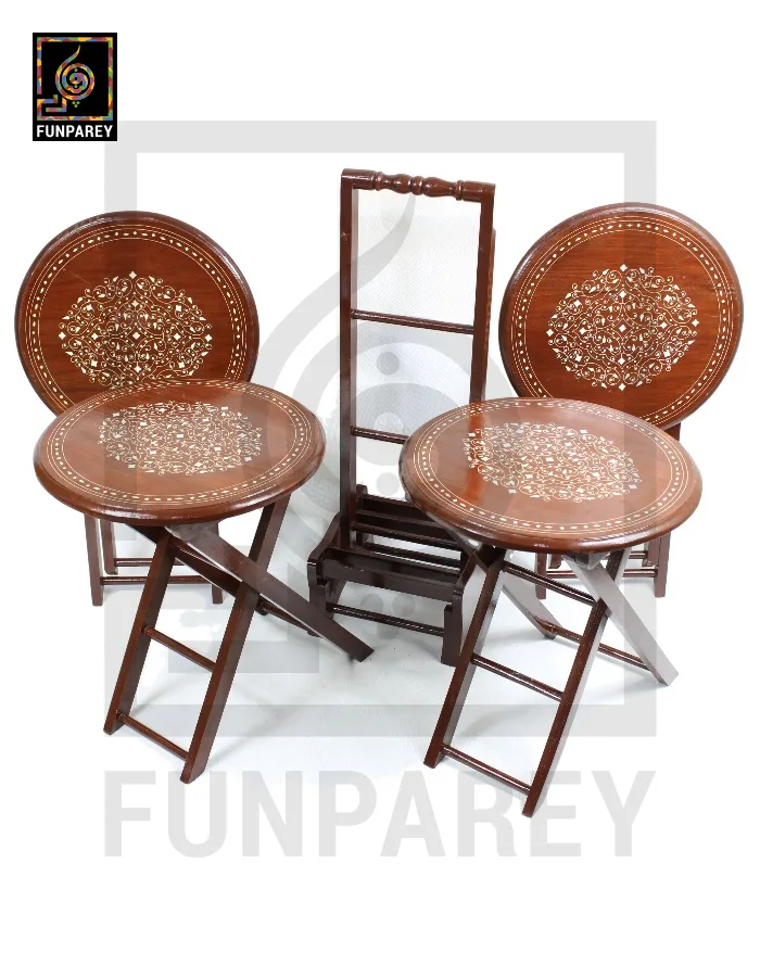 Handmade Wooden Picnic Table Set Round with Fiber Inlay