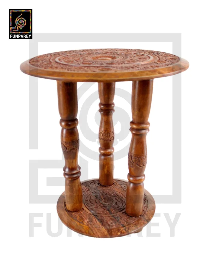 18" Hand Carved Tri Rod Wooden Table