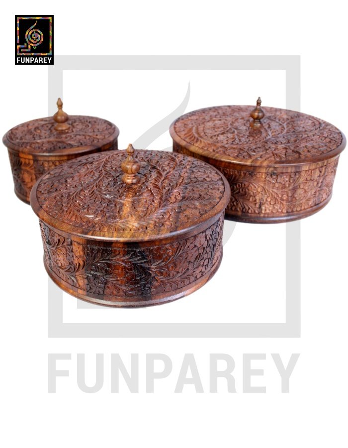 Premium Wooden Dry Fruit Bowl Set with Standard Carving Design (3 Pieces)