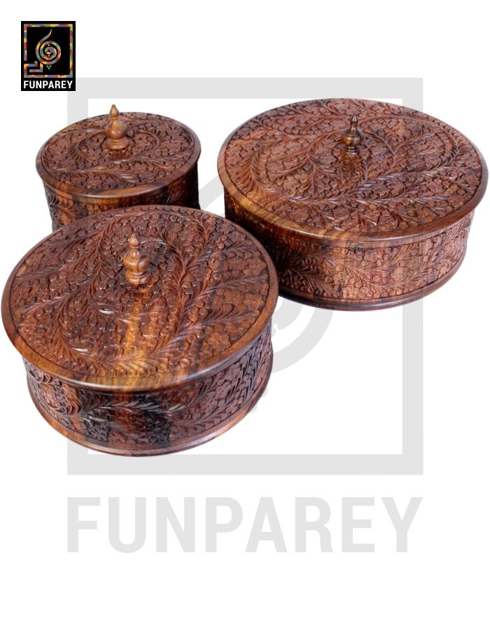 Premium Wooden Dry Fruit Bowl Set with Standard Carving Design (3 Pieces)