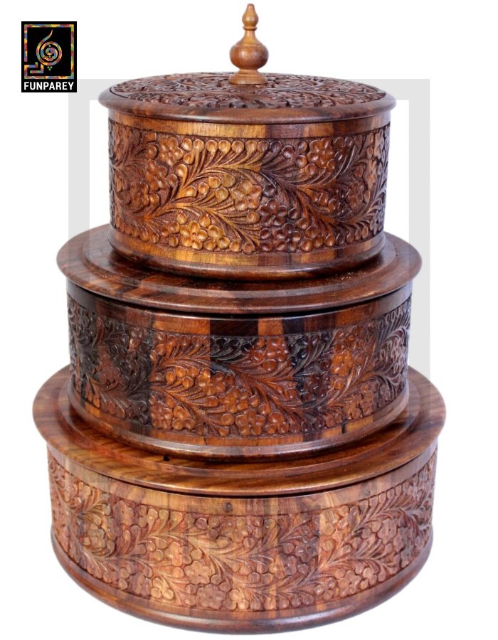 Premium Wooden Dry Fruit Bowl Set with Standard Carving Design (3 Pieces)