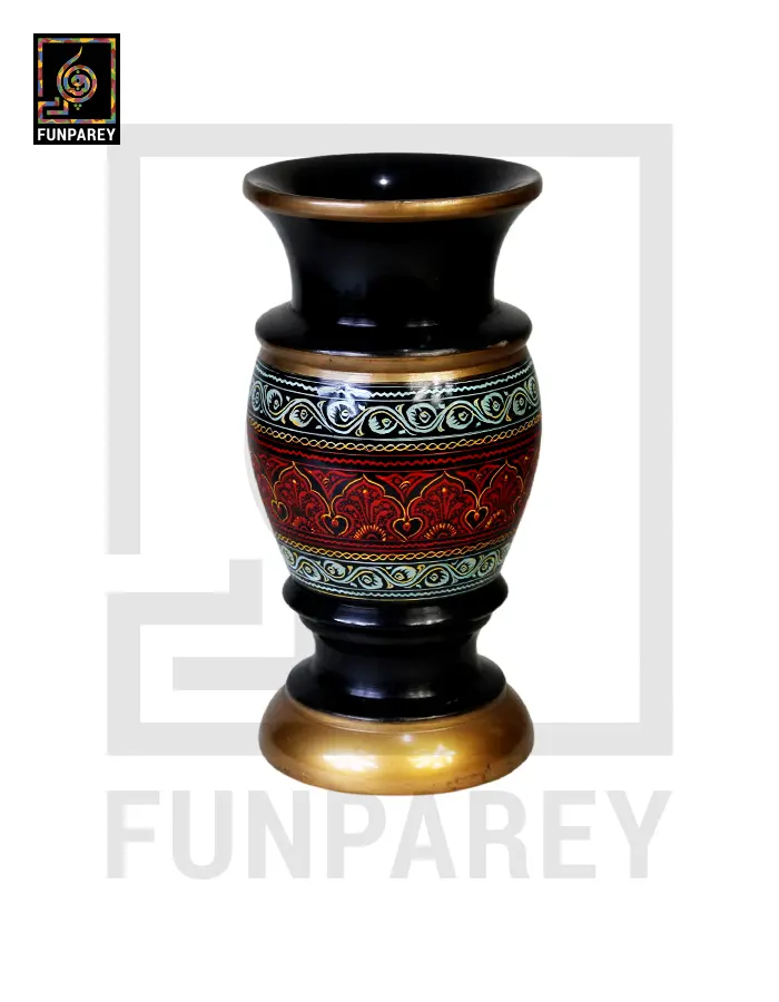 Wooden Flower Pot With Nakshi Art – 9″ Red And Black