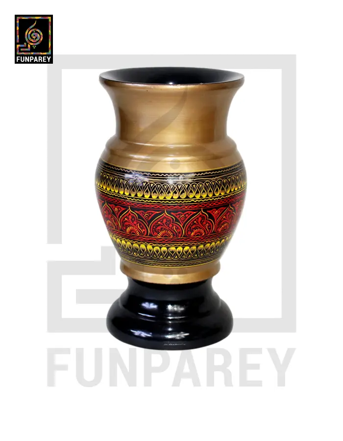 Wooden Flower Pot With Red Nakshi Art 9″ Golden