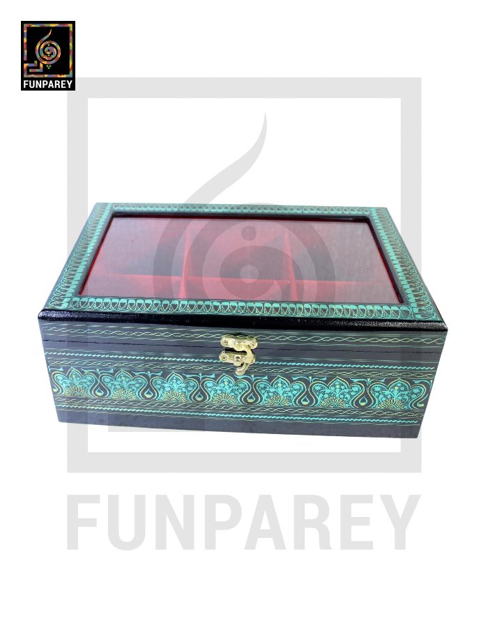 Wooden Jewelry Box with Partitions & Window 8/12 with Lacquer Art