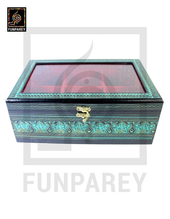 Wooden Jewelry Box with Partitions & Window 8/12 with Lacquer Art