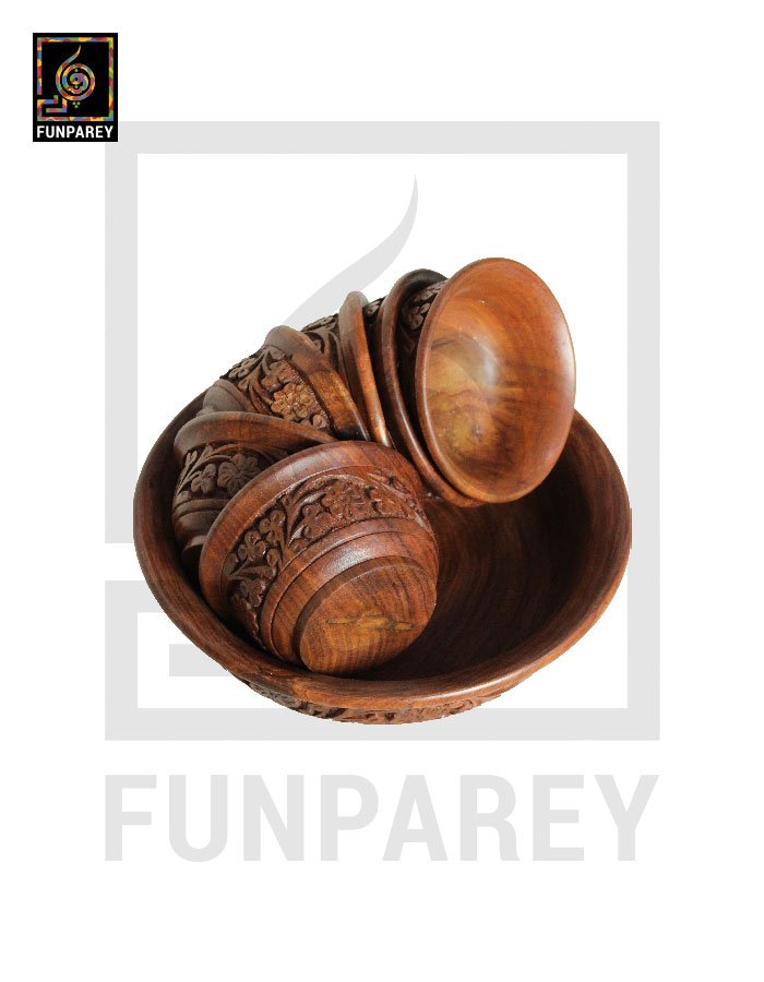 Hand Carved Wooden Bowl Set Large 10″