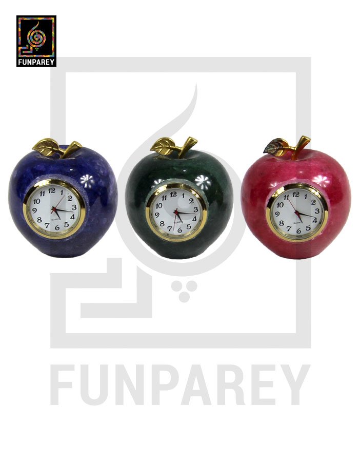 Onyx Stone Apple Shaped Round Table Clock 3″ dark green