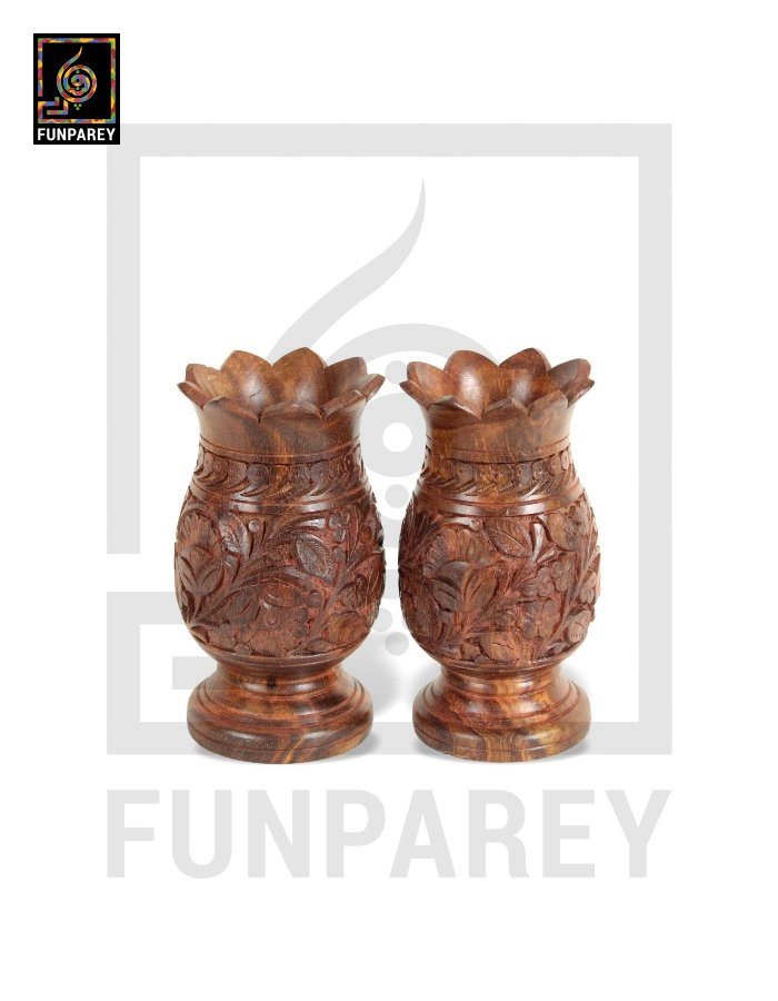Hand Carved Wooden Flower Pot 7″ Pair (Distinct)