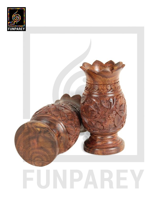 Hand Carved Wooden Flower Pot 7″ Pair (Distinct)