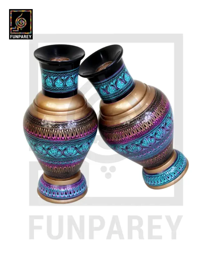 Handmade Wooden Vase Pair with Nakshi Art – 13″ Electric Blue