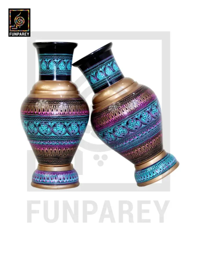 Handmade Wooden Vase Pair with Nakshi Art – 13″ Electric Blue
