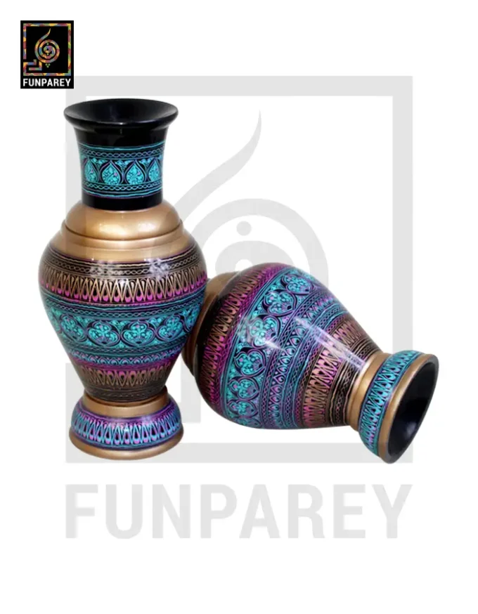 Handmade Wooden Vase Pair with Nakshi Art – 13″ Electric Blue